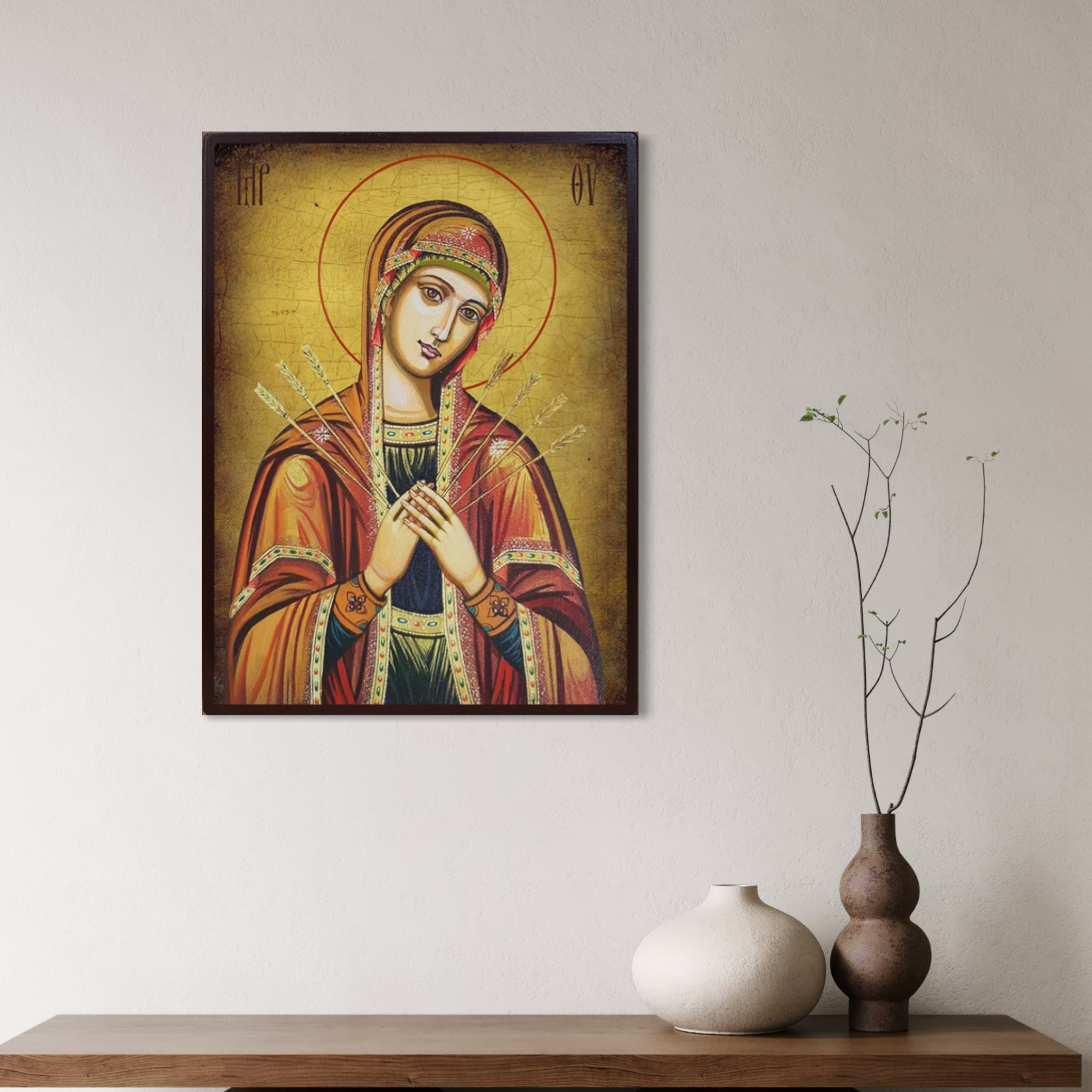 Imagine cu icoana maicii domnului cu sapte sageti, tiparita pe panza canvas