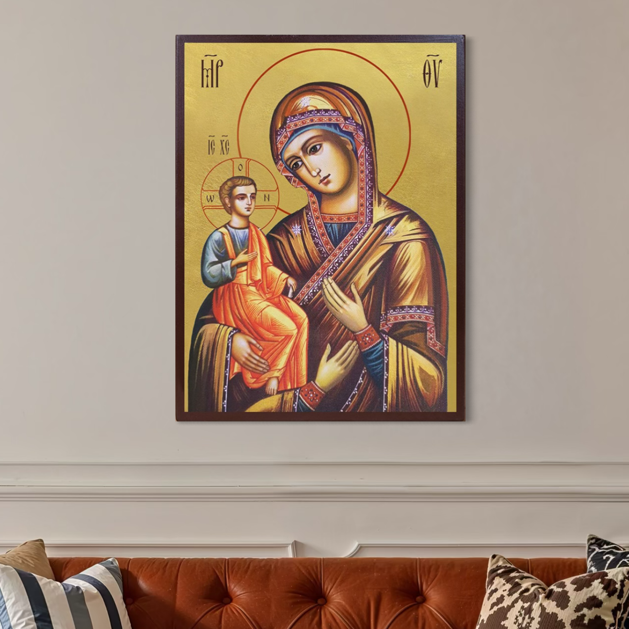 Imagine cu icoana maicii domnului cu pruncul, tiparita pe panza canvas