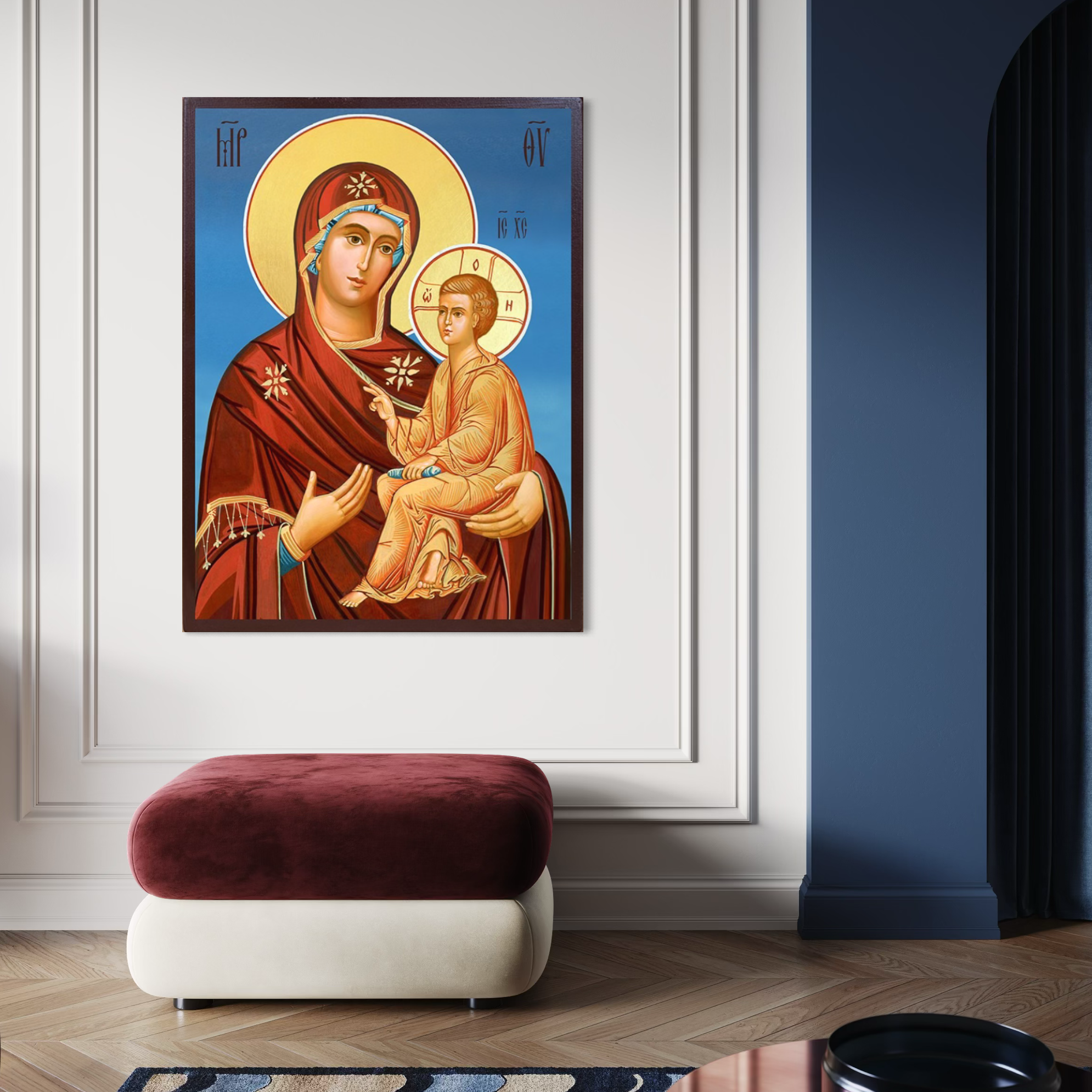 Imagine cu tablou canvas cu icoana maicii domnului si pruncul, tiparita pe panza canvas