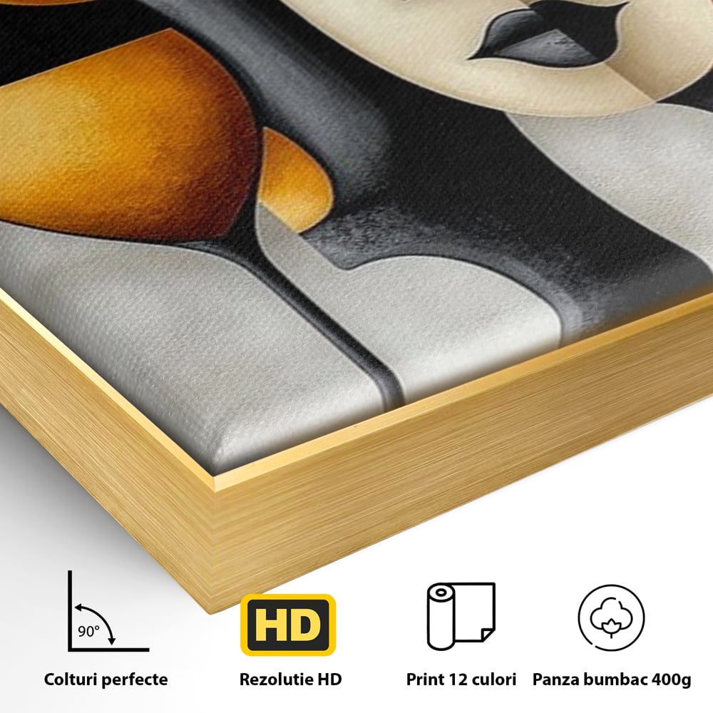 Detaliu al suprafetei: tablou canvas cu portret cubist si pahare, in rama de aluminiu auriu