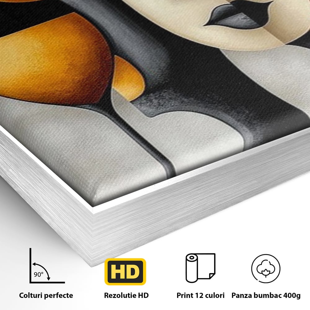 Detaliu al suprafetei: tablou canvas cu portret cubist si pahare, in rama de aluminiu argintiu