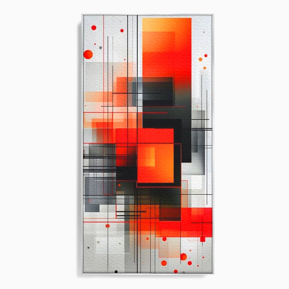Tablou canvas cu tablou abstract vertical cu linii si forme rosii, in rama de aluminiu argintiu