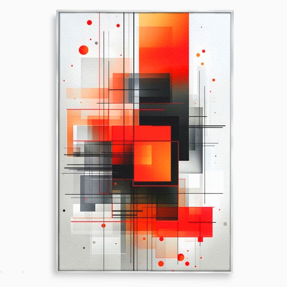 Tablou canvas cu tablou abstract vertical cu linii si forme rosii, in rama de aluminiu argintiu