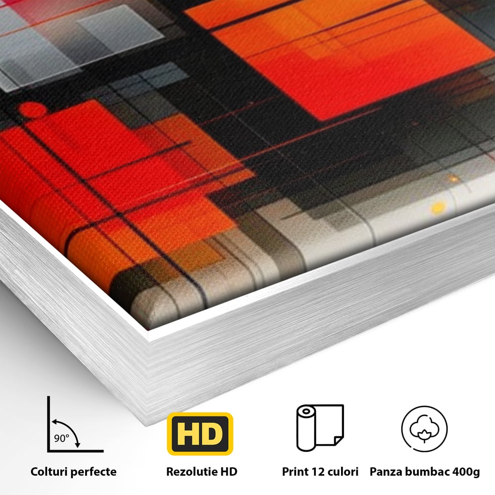 Detaliu al suprafetei: ilustratie geometrica abstracta cu patrate, in rama de aluminiu argintiu