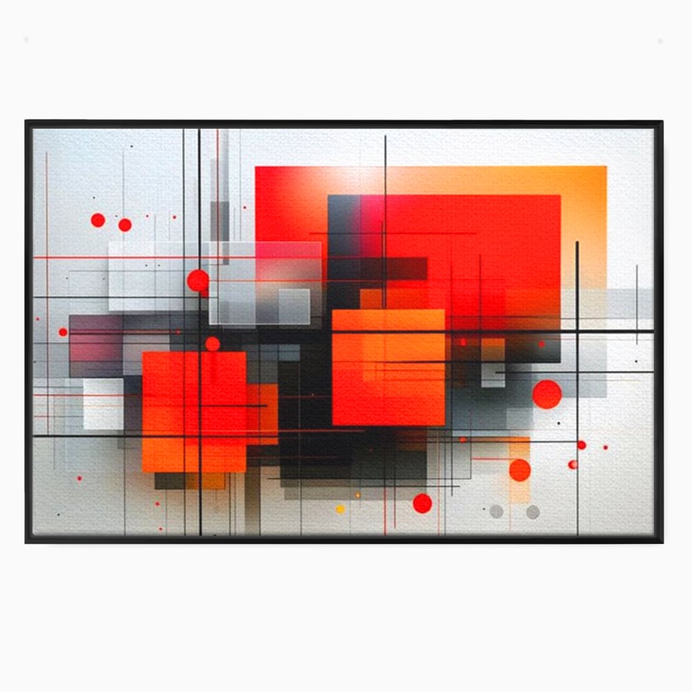 Tablou canvas cu ilustratie geometrica abstracta cu patrate, in rama de aluminiu negru