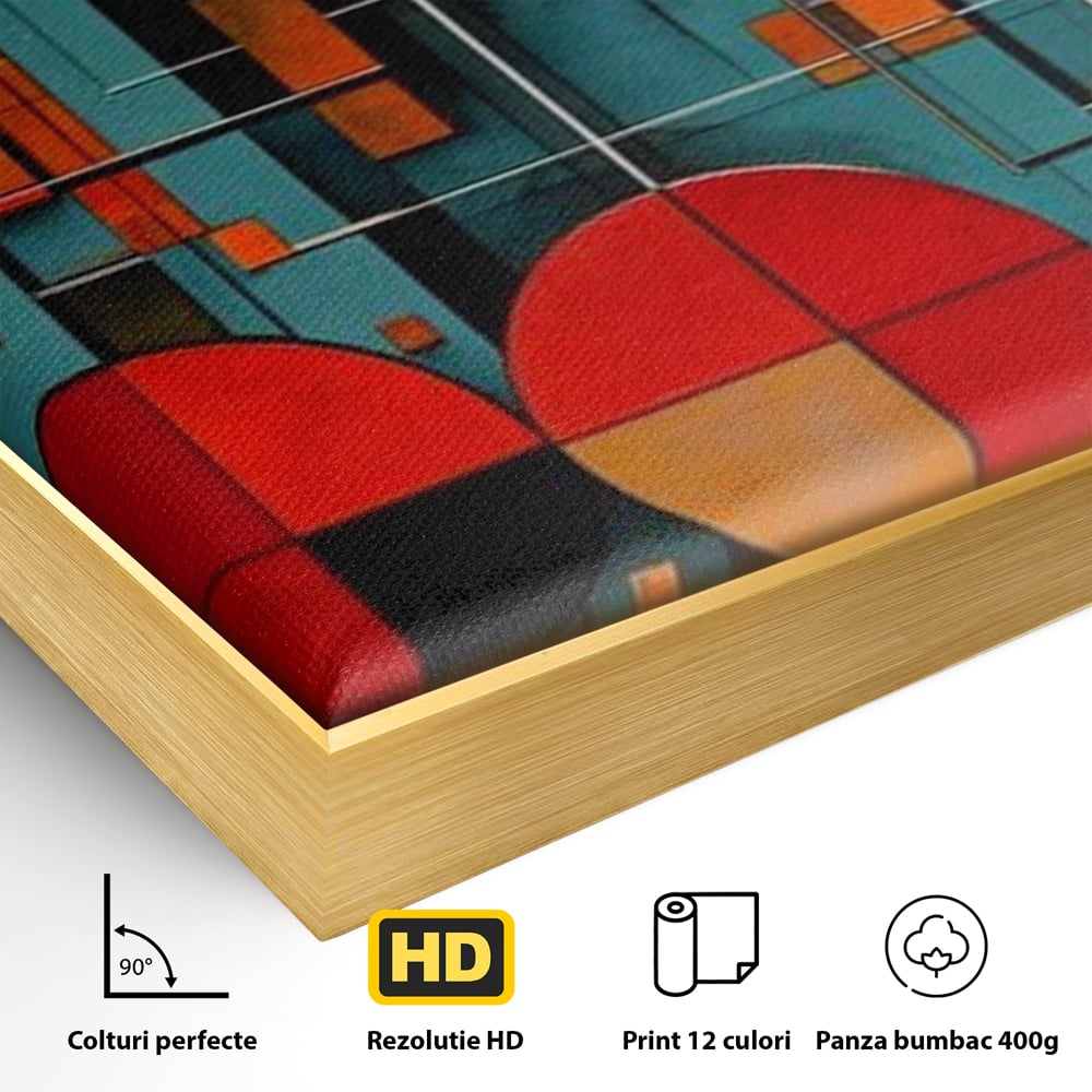 Detaliu al suprafetei: tablou canvas cu cercuri geometrice, in rama de aluminiu auriu