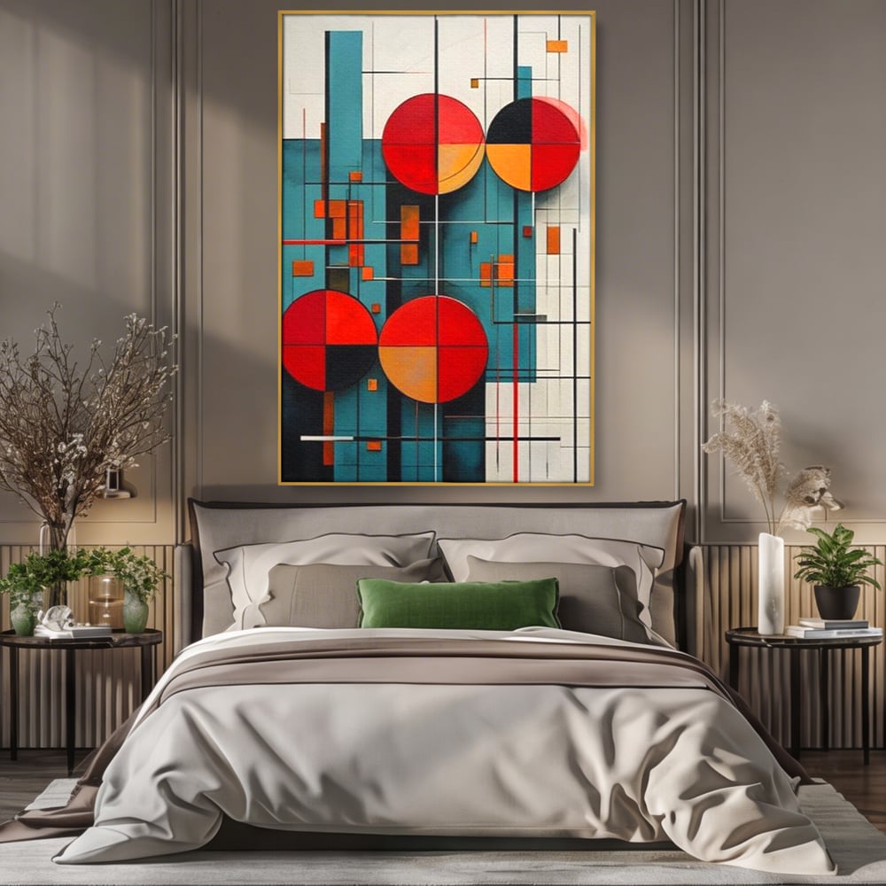 Tablou canvas cu tablou canvas cu cercuri geometrice, in rama de aluminiu auriu, pe perete intr-un dormitor