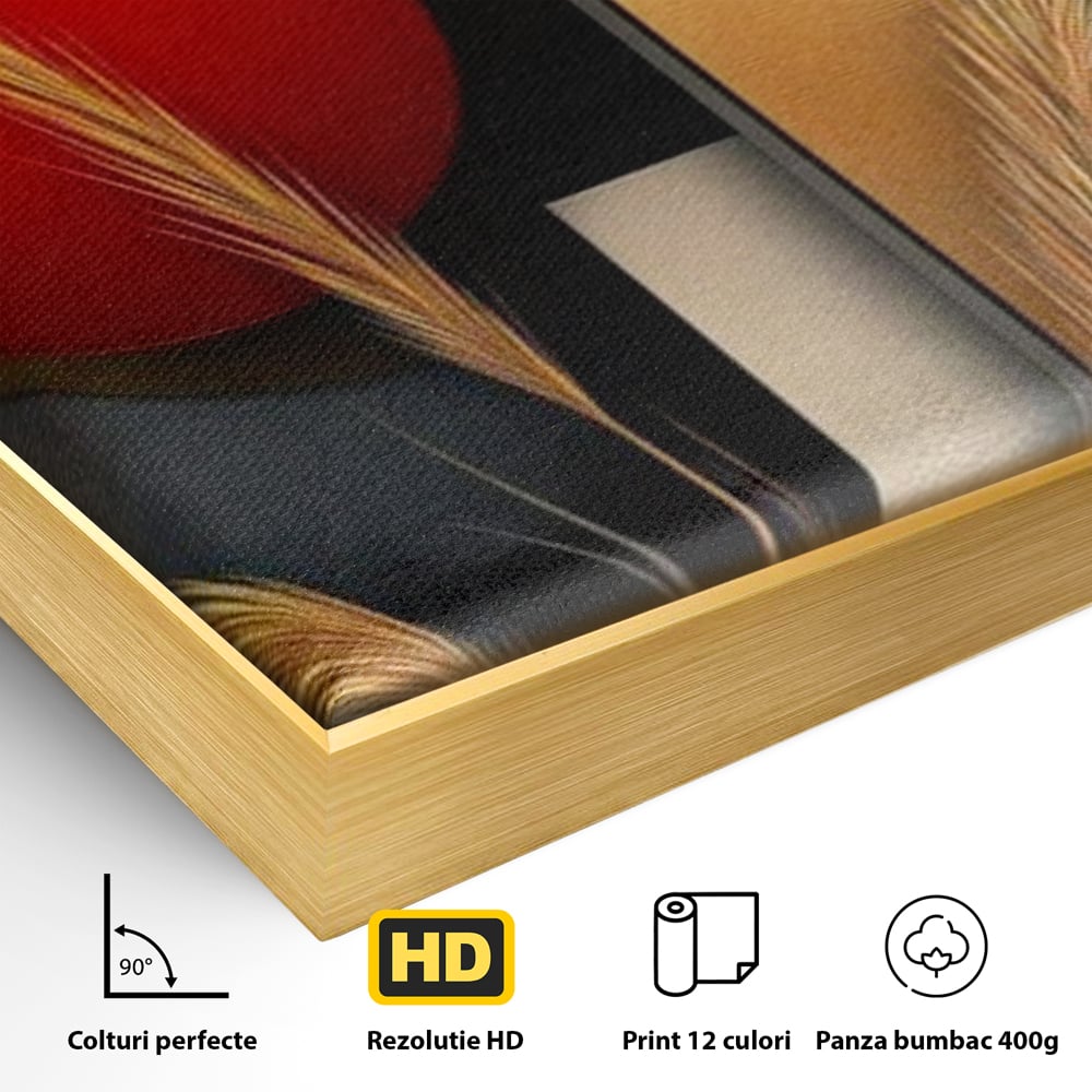 Detaliu al suprafetei: tablou canvas cu forme geometrice si spice, in rama de aluminiu auriu