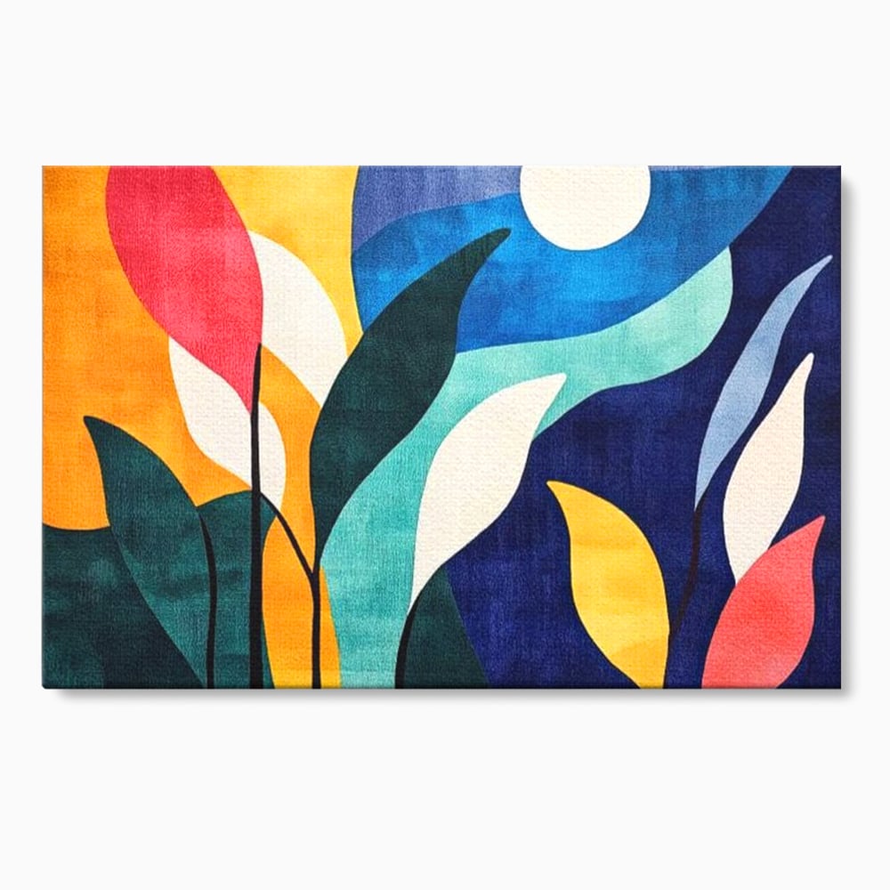 Tablou canvas cu tablou canvas cu frunze stilizate si luna, fara rama, pe sasiu de lemn