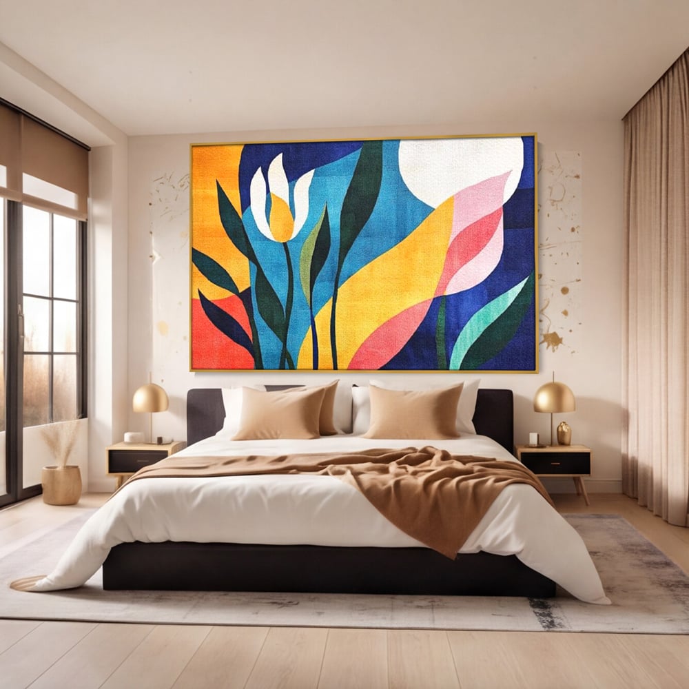 Tablou canvas cu tablou canvas cu flori abstracte, in rama de aluminiu auriu, pe perete intr-un dormitor