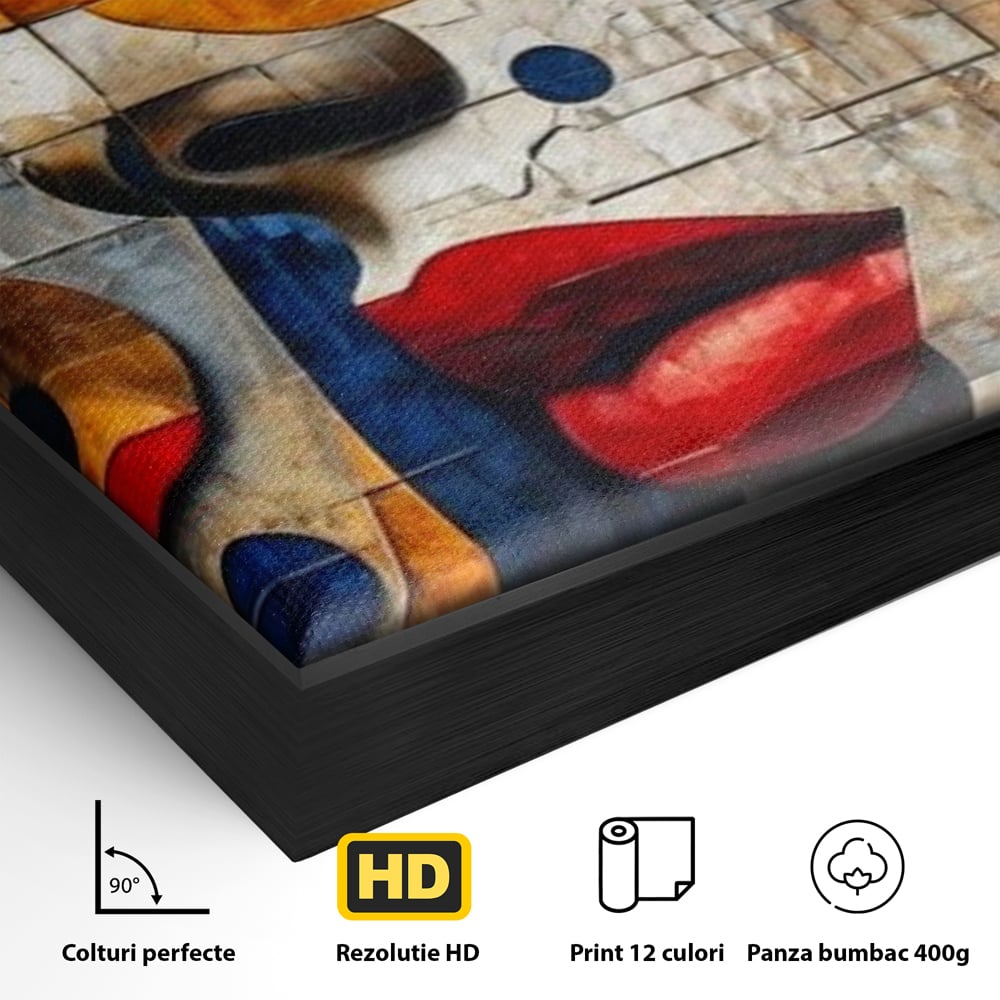 Detaliu al suprafetei: tablou canvas cu portret abstract in stil mozaic, in rama de aluminiu negru