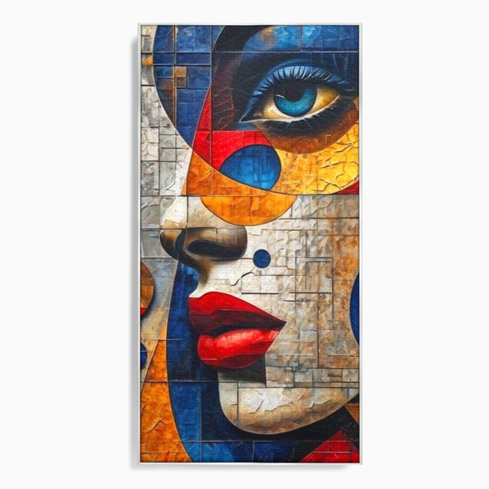 Tablou canvas cu tablou canvas cu portret abstract in stil mozaic, in rama de aluminiu argintiu