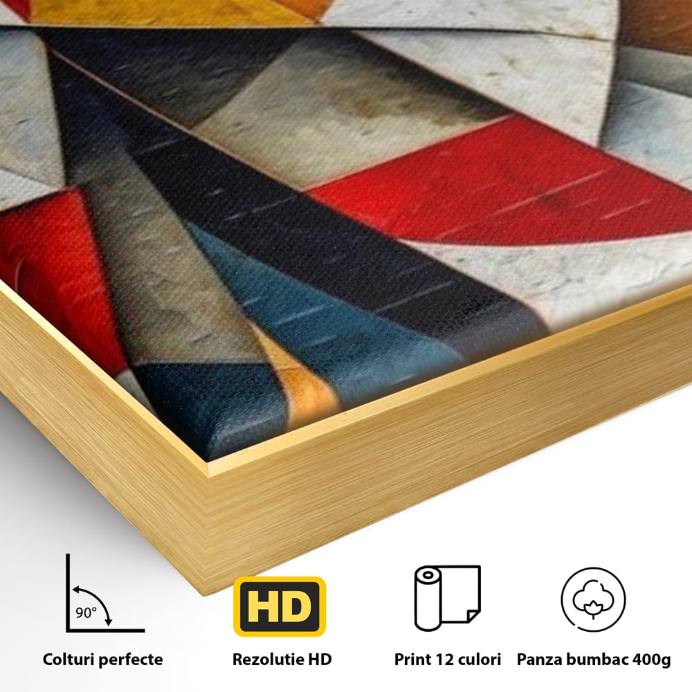 Detaliu al suprafetei: pictura abstracta cu forme geometrice, in rama de aluminiu auriu