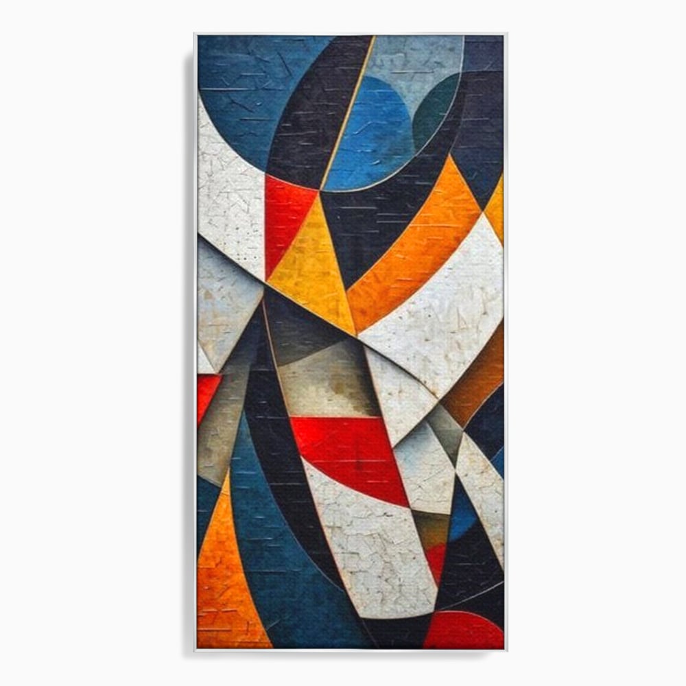 Tablou canvas cu pictura abstracta cu forme geometrice, in rama de aluminiu argintiu