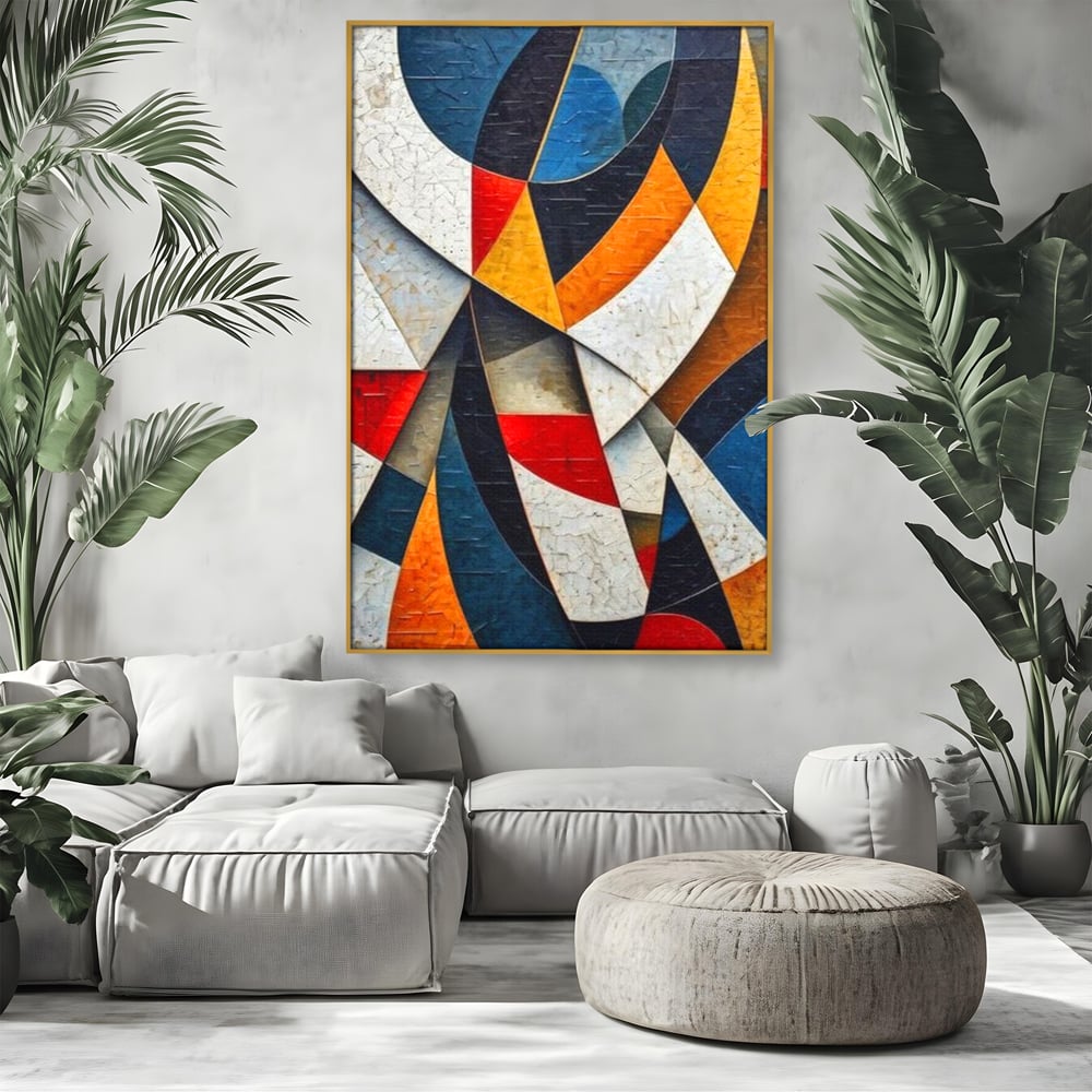 Tablou canvas cu pictura abstracta cu forme geometrice, in rama de aluminiu auriu, pe perete intr-un living