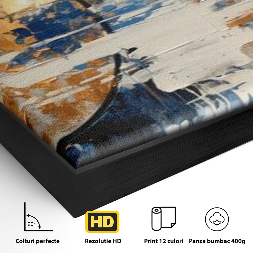 Detaliu al suprafetei: tablou abstract cu luna aurie, in rama de aluminiu negru