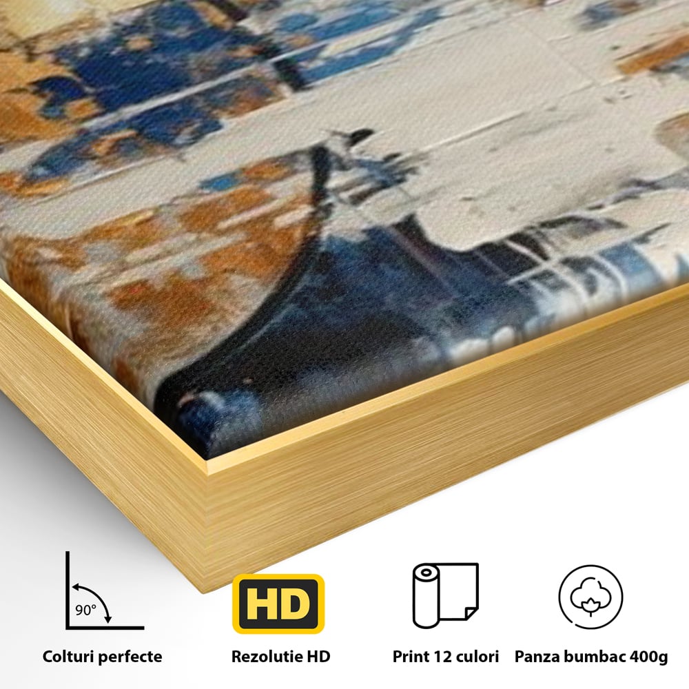 Detaliu al suprafetei: tablou abstract cu luna aurie, in rama de aluminiu auriu