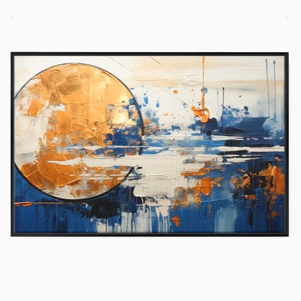 Tablou canvas cu tablou abstract cu luna aurie, in rama de aluminiu negru
