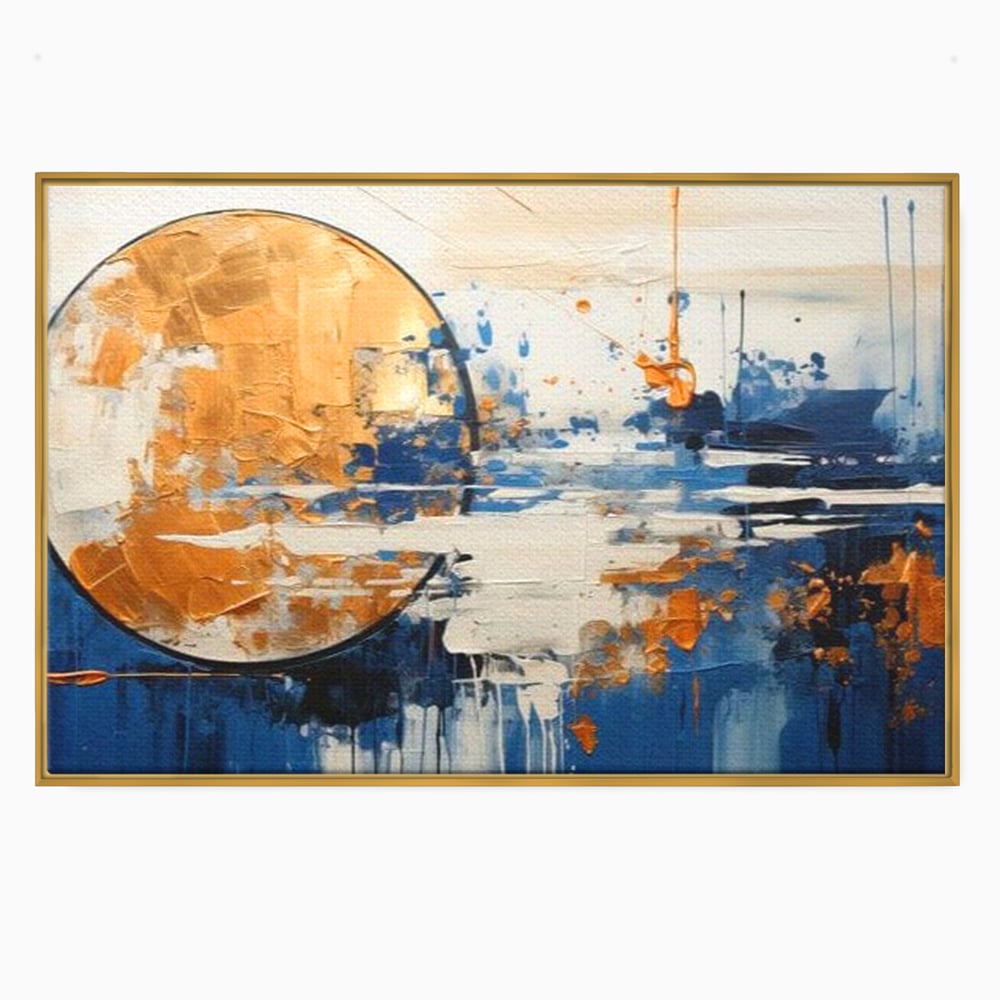 Tablou canvas cu tablou abstract cu luna aurie, in rama de aluminiu auriu