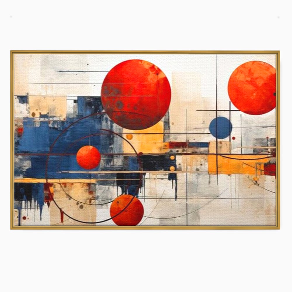 Tablou canvas cu pictura abstracta cu sfere rosii si orbite, in rama de aluminiu auriu