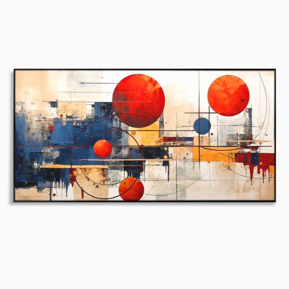 Tablou canvas cu pictura abstracta cu sfere rosii si orbite, in rama de aluminiu negru