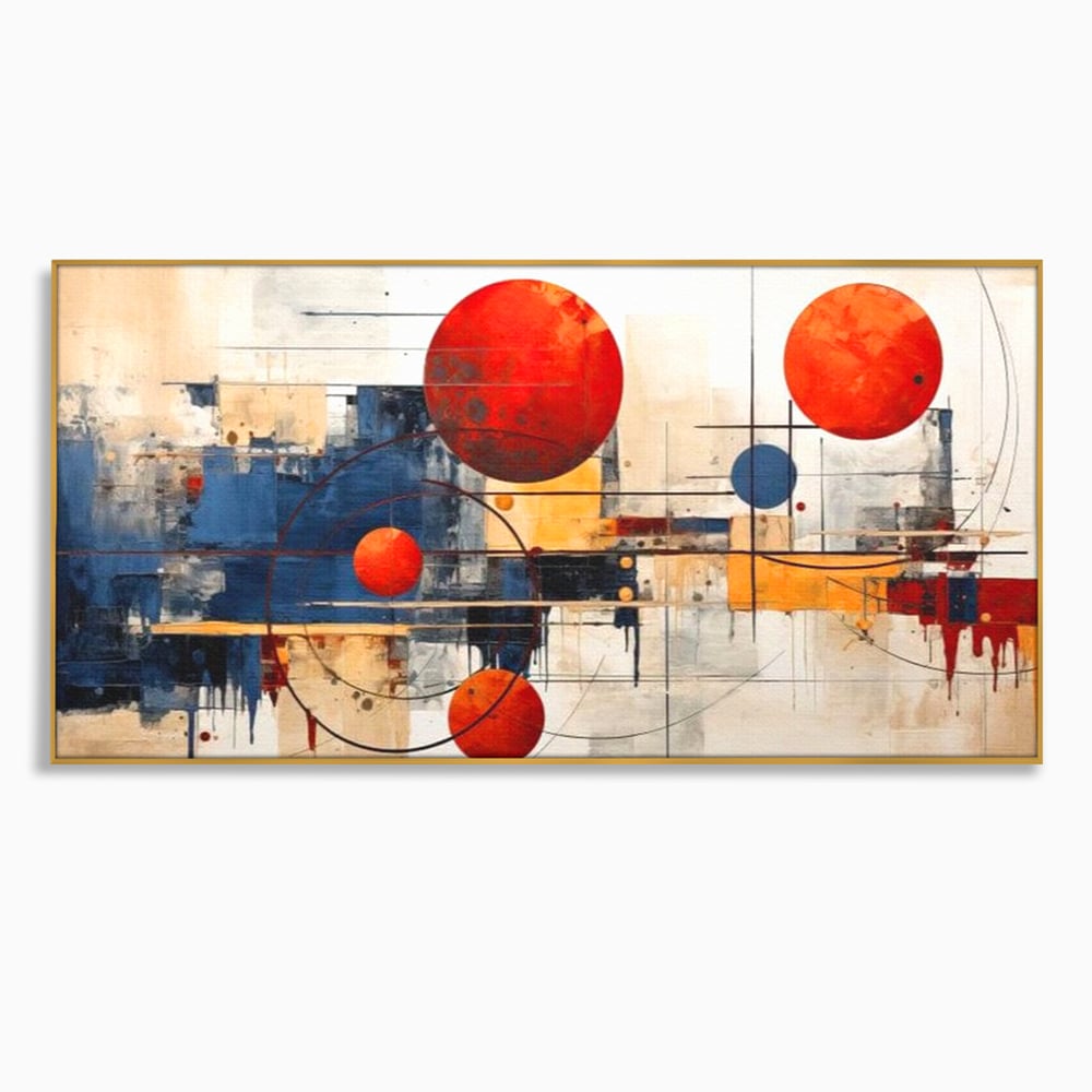 Tablou canvas cu pictura abstracta cu sfere rosii si orbite, in rama de aluminiu auriu