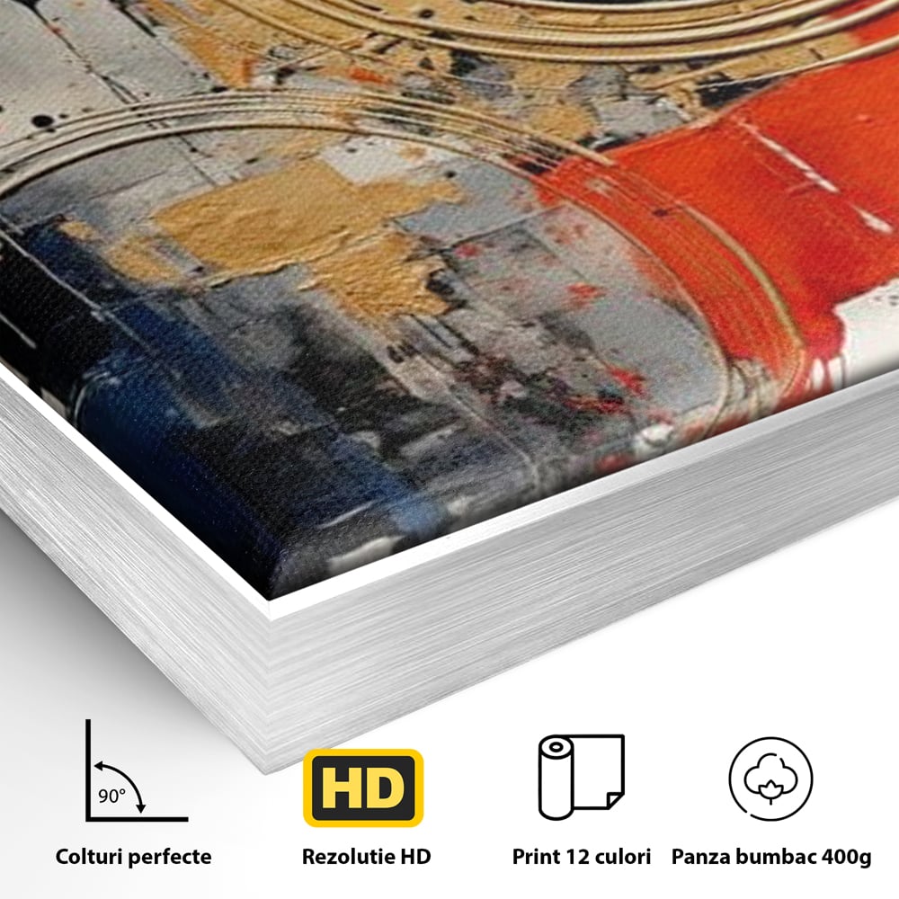 Detaliu al suprafetei: tablou abstract cu cercuri aurii si tuse rosu aprins, in rama de aluminiu argintiu