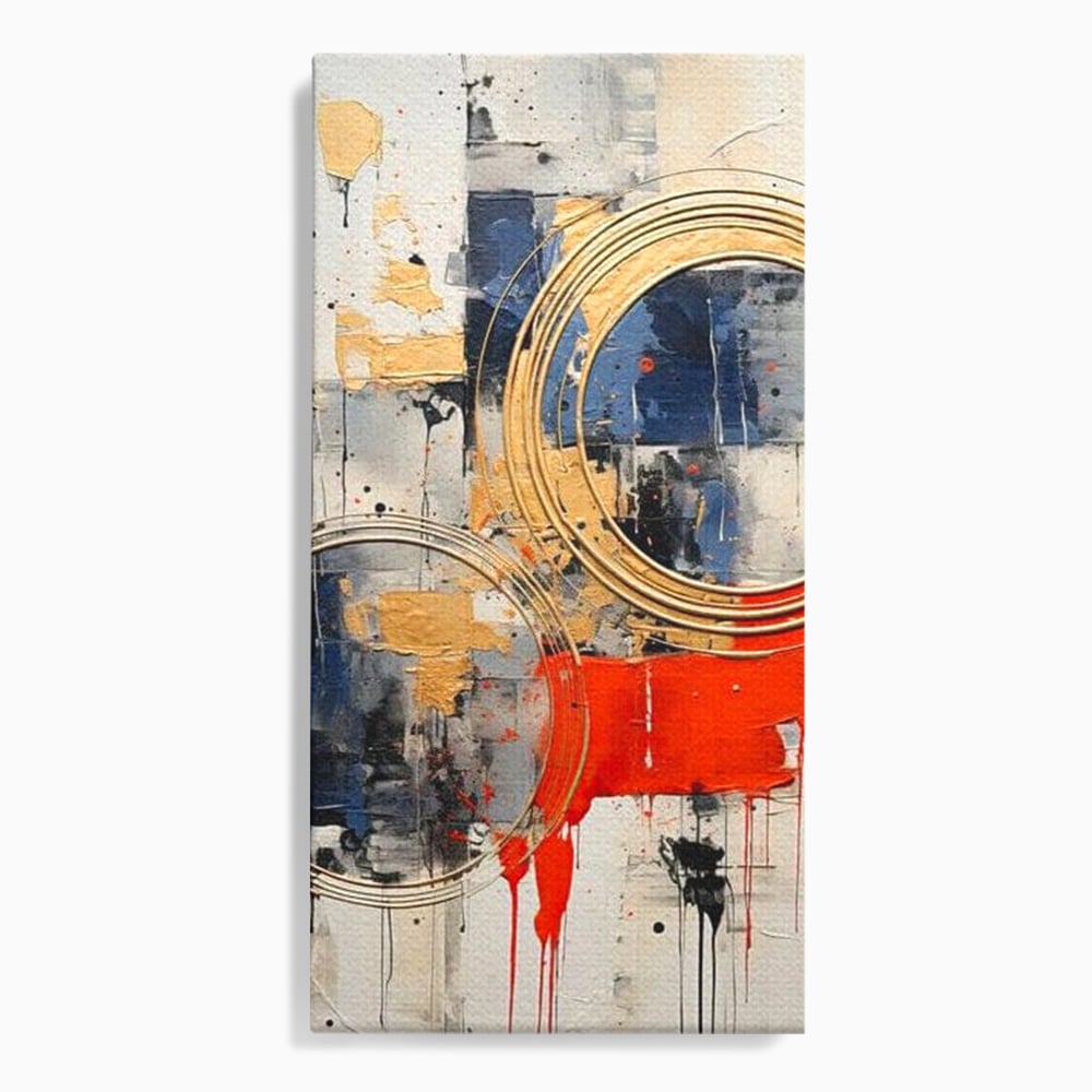 Tablou canvas cu tablou abstract cu cercuri aurii si tuse rosu aprins, fara rama, pe sasiu de lemn