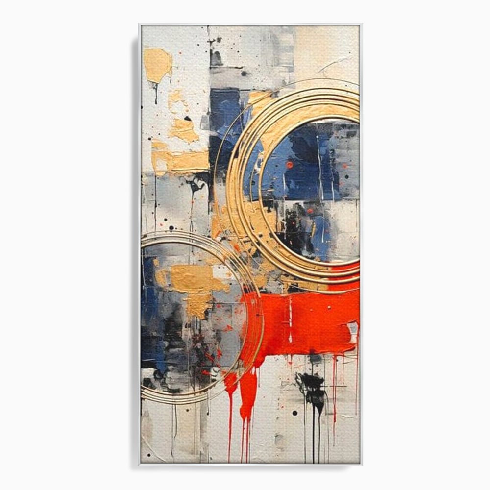 Tablou canvas cu tablou abstract cu cercuri aurii si tuse rosu aprins, in rama de aluminiu argintiu