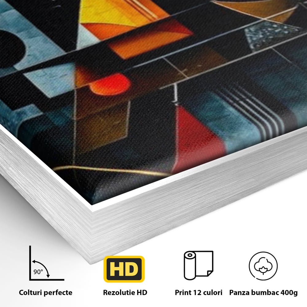 Detaliu al suprafetei: pictura abstracta cu forme geometrice, in rama de aluminiu argintiu