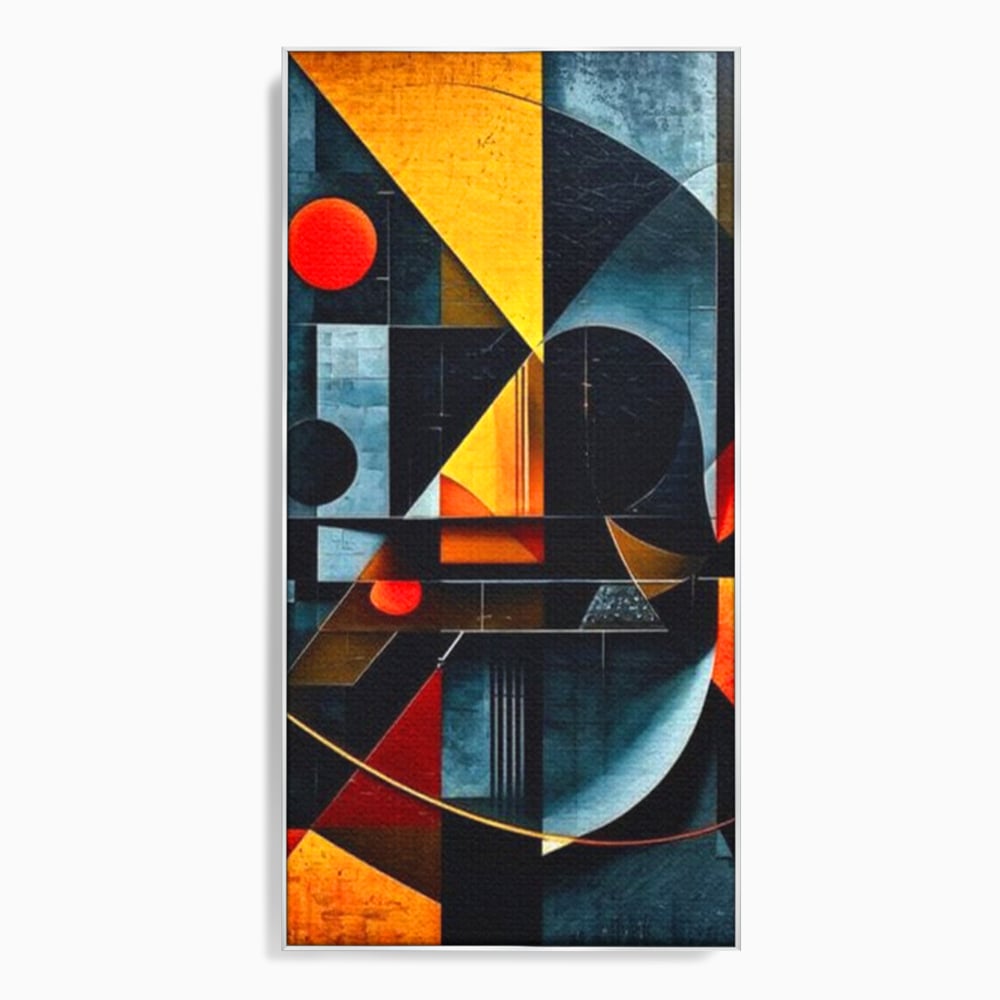 Tablou canvas cu pictura abstracta cu forme geometrice, in rama de aluminiu argintiu