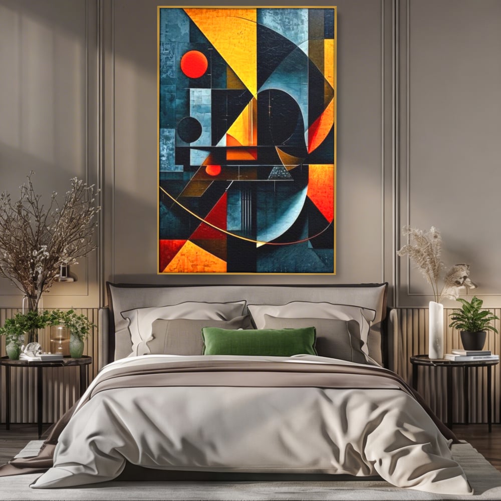 Tablou canvas cu pictura abstracta cu forme geometrice, in rama de aluminiu auriu, pe perete intr-un dormitor