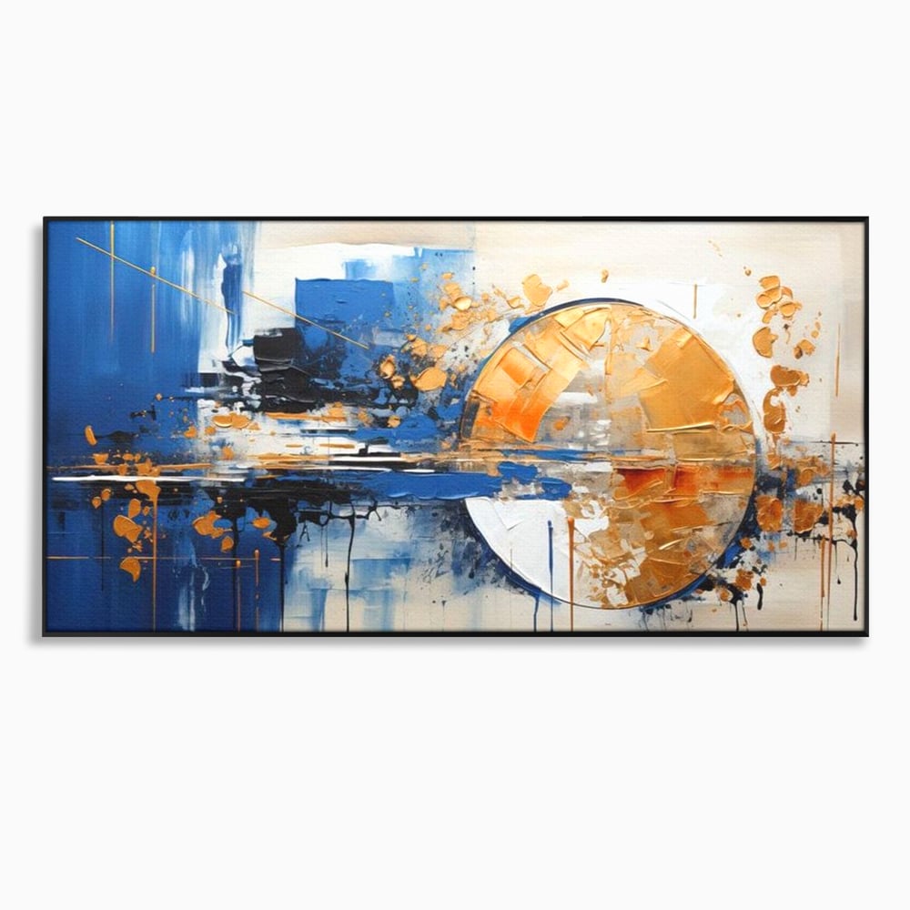 Tablou canvas cu pictura abstracta cu cerc auriu si albastru, in rama de aluminiu negru