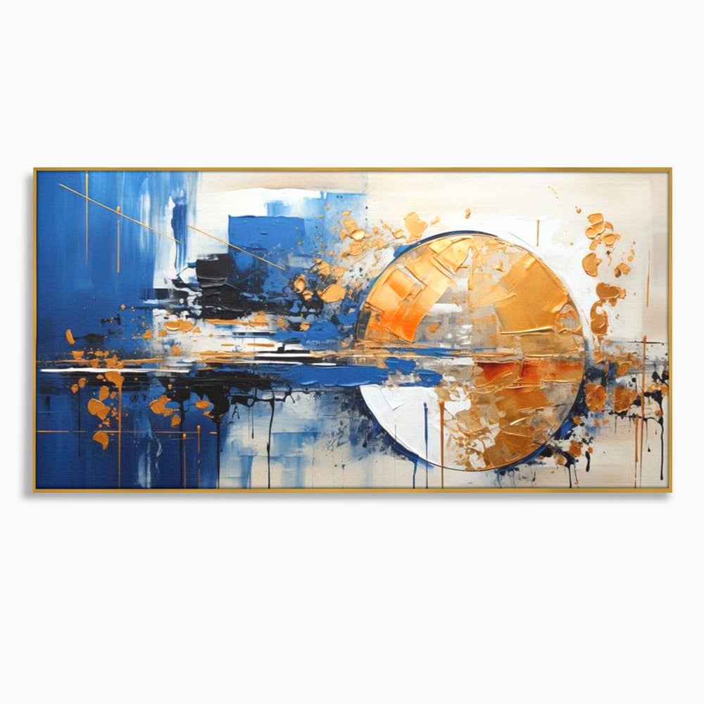 Tablou canvas cu pictura abstracta cu cerc auriu si albastru, in rama de aluminiu auriu