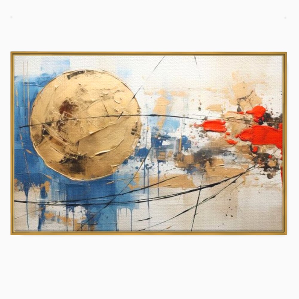 Tablou canvas cu pictura abstracta cu cerc auriu si pete rosii, in rama de aluminiu auriu