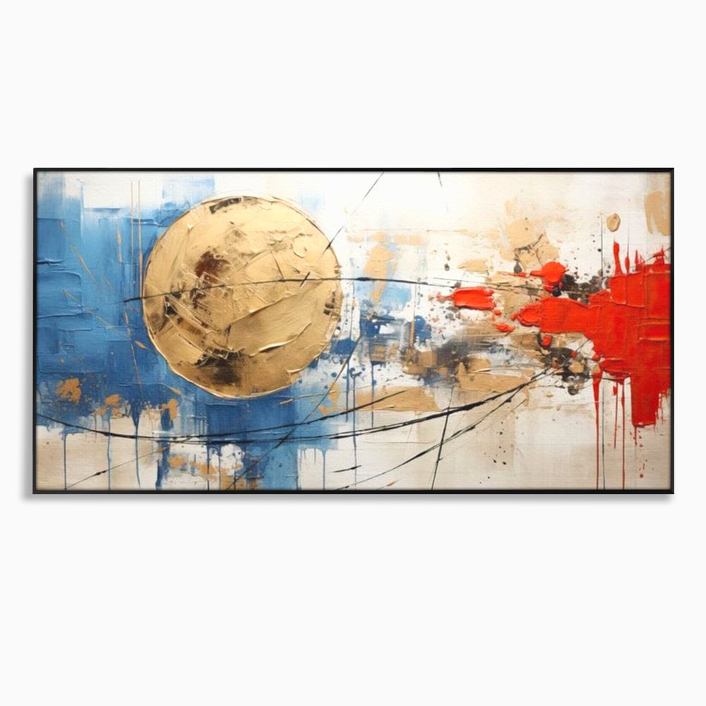 Tablou canvas cu pictura abstracta cu cerc auriu si pete rosii, in rama de aluminiu negru