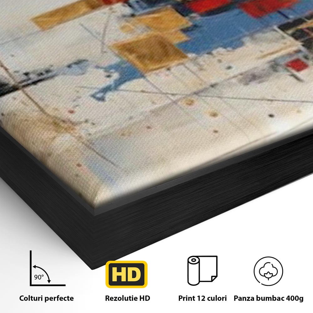 Detaliu al suprafetei: tablou abstract cu cerc rosu si linii, in rama de aluminiu negru