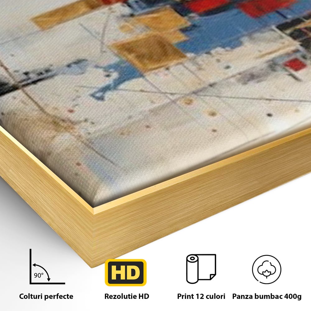 Detaliu al suprafetei: tablou abstract cu cerc rosu si linii, in rama de aluminiu auriu