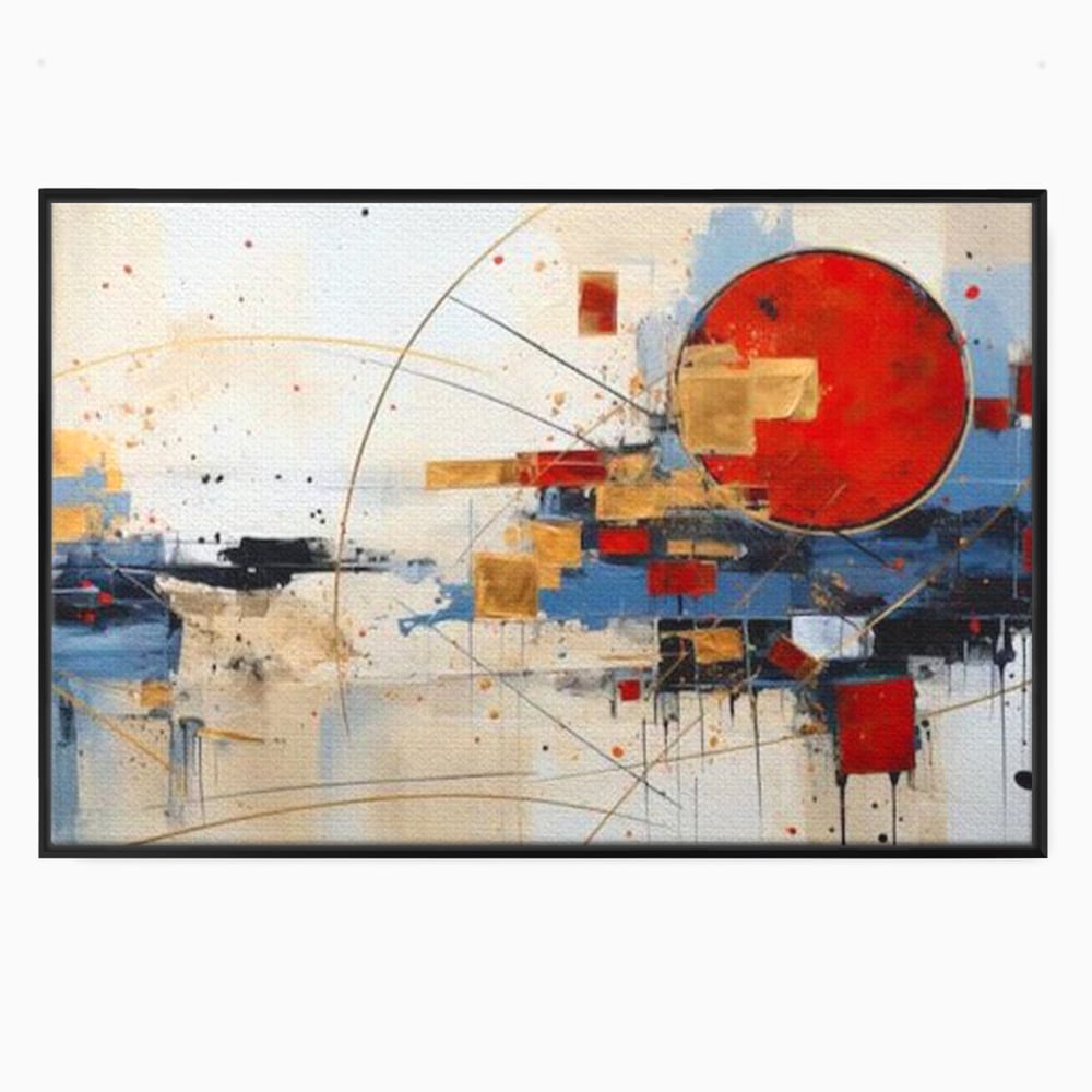 Tablou canvas cu tablou abstract cu cerc rosu si linii, in rama de aluminiu negru