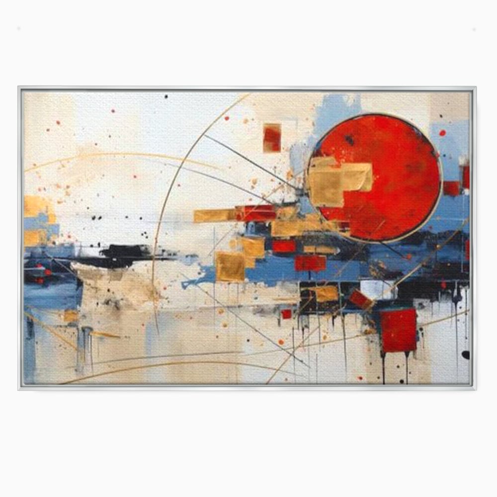 Tablou canvas cu tablou abstract cu cerc rosu si linii, in rama de aluminiu argintiu