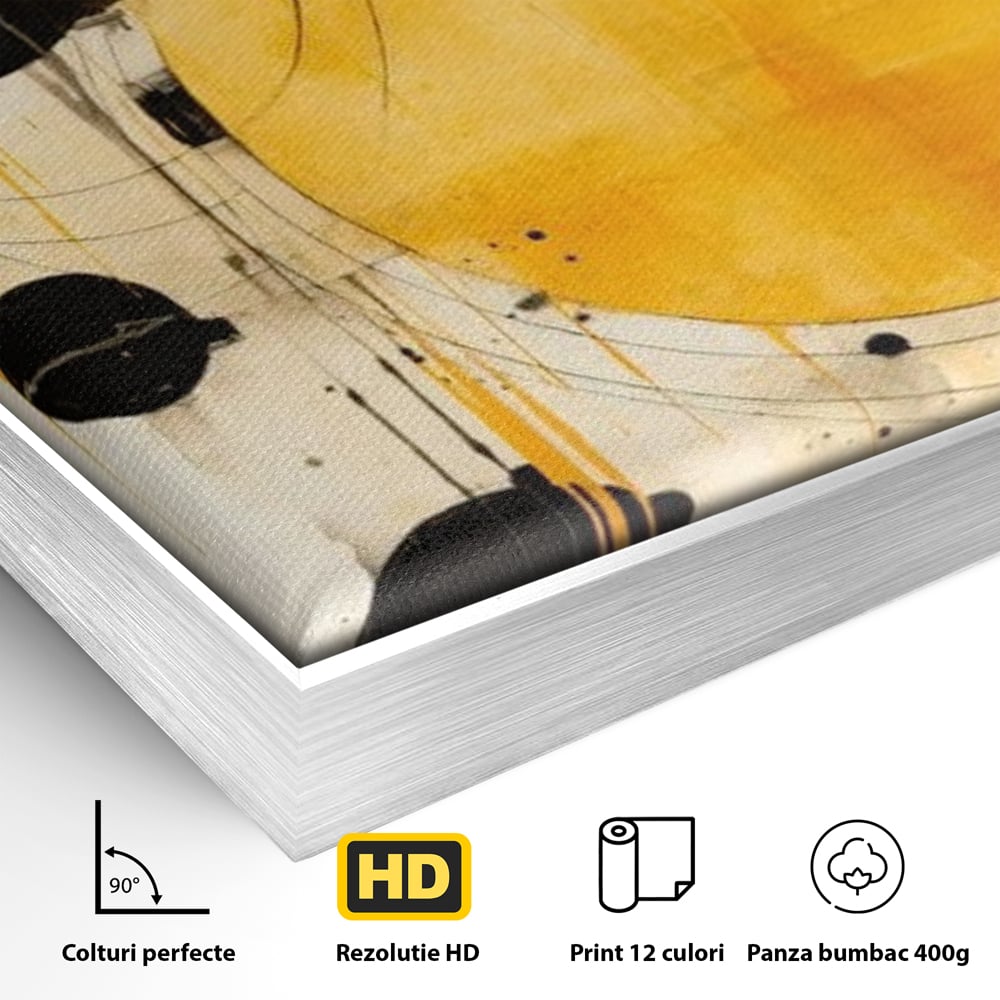 Detaliu al suprafetei: tablou canvas cu cercuri galbene si negre, in rama de aluminiu argintiu