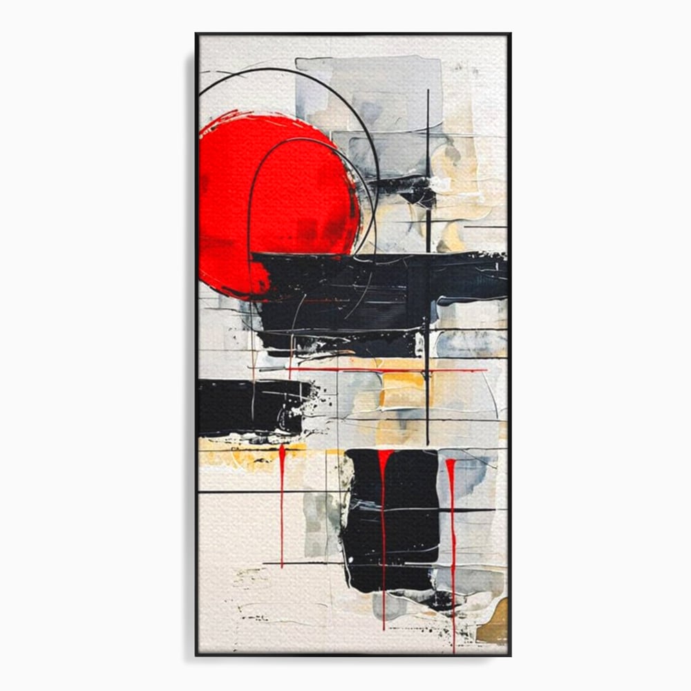 Tablou canvas cu tablou abstract cu cerc rosu si linii negre, in rama de aluminiu negru