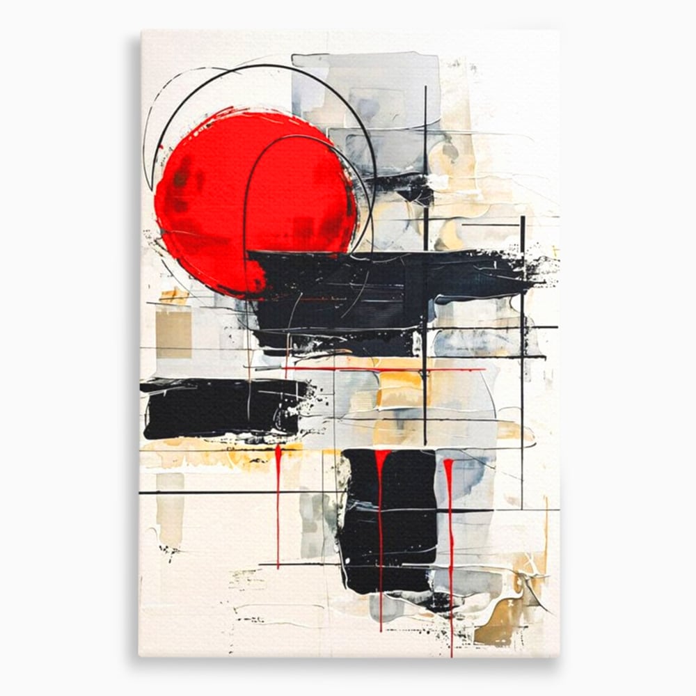 Tablou canvas cu tablou abstract cu cerc rosu si linii negre, fara rama, pe sasiu de lemn