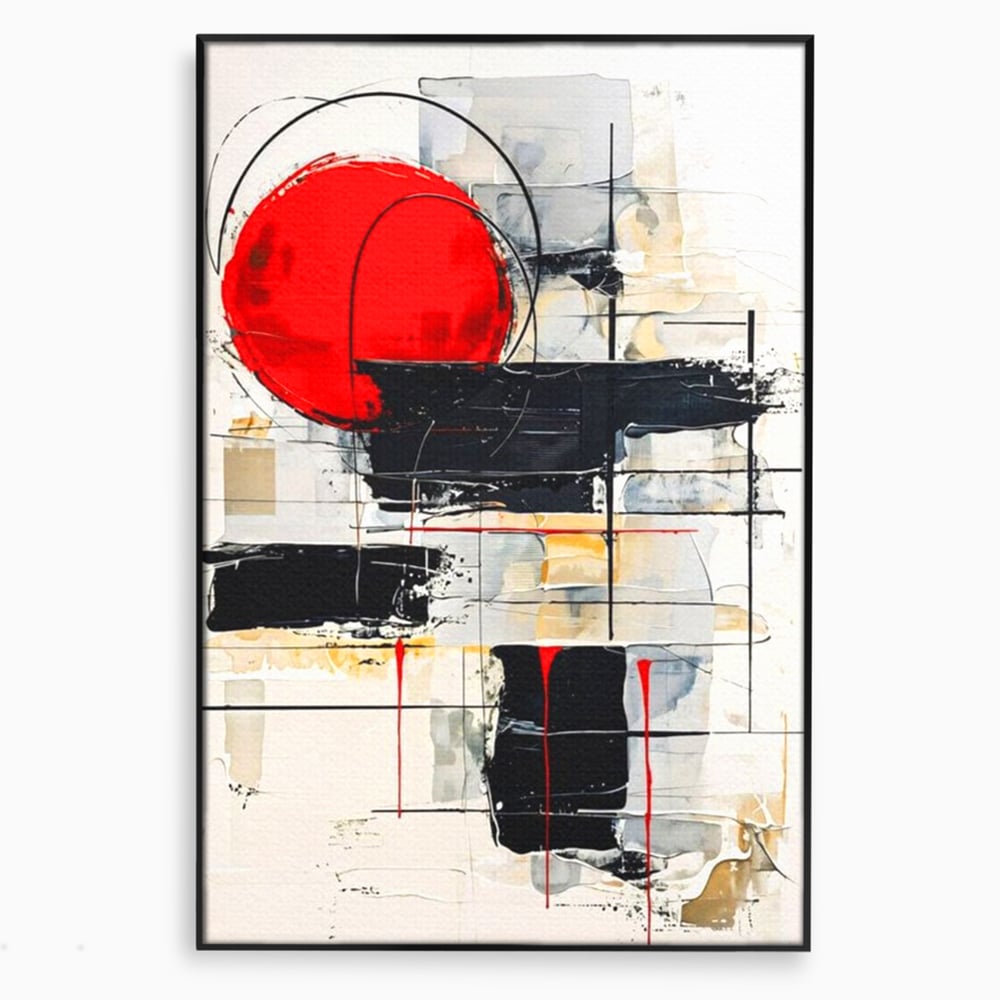 Tablou canvas cu tablou abstract cu cerc rosu si linii negre, in rama de aluminiu negru
