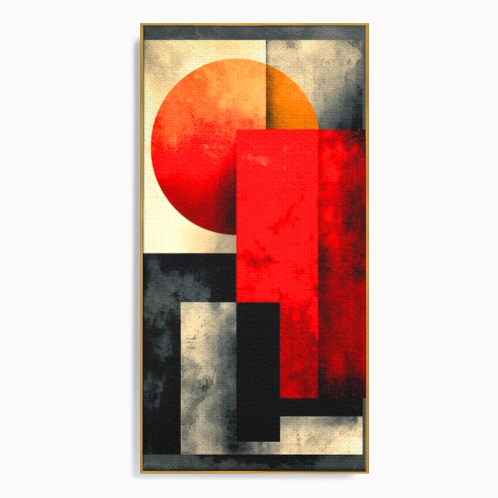 Tablou canvas cu tablou abstract geometric cu soare rosu, in rama de aluminiu auriu