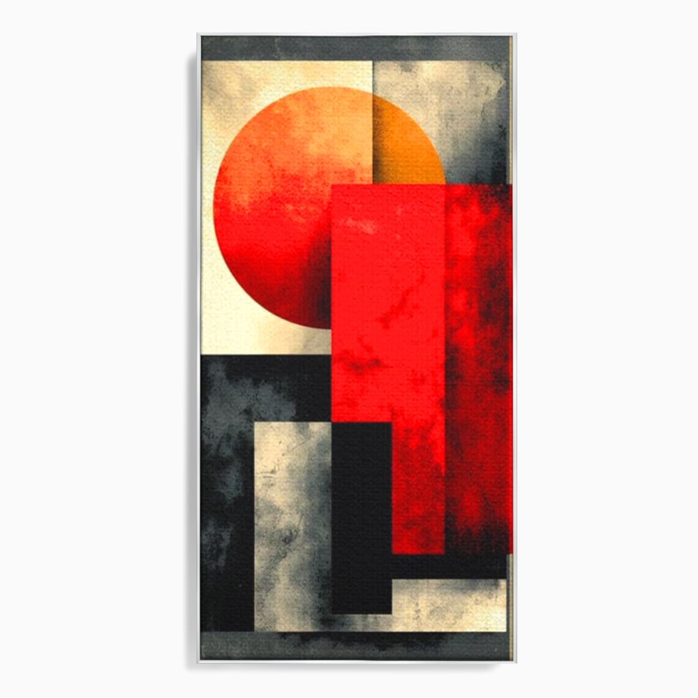 Tablou canvas cu tablou abstract geometric cu soare rosu, in rama de aluminiu argintiu