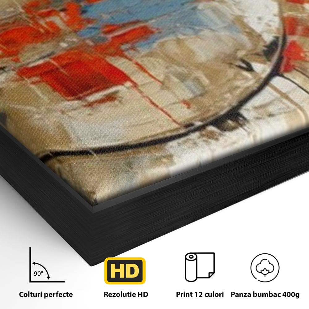 Detaliu al suprafetei: pictura abstracta cu cerc negru si pete rosii, in rama de aluminiu negru