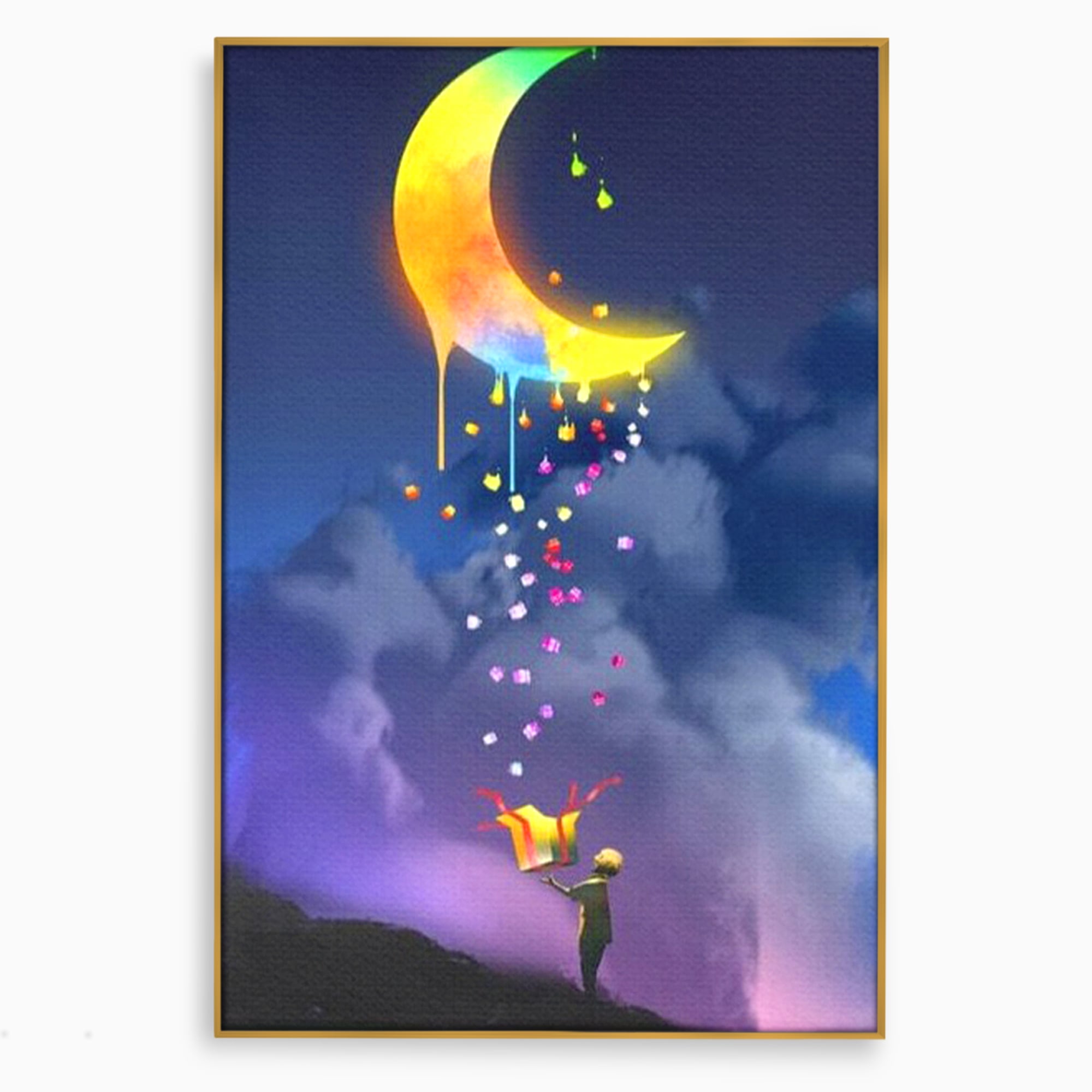 Tablou canvas cu ilustratie cu copil si luna curcubeu, in rama de aluminiu auriu
