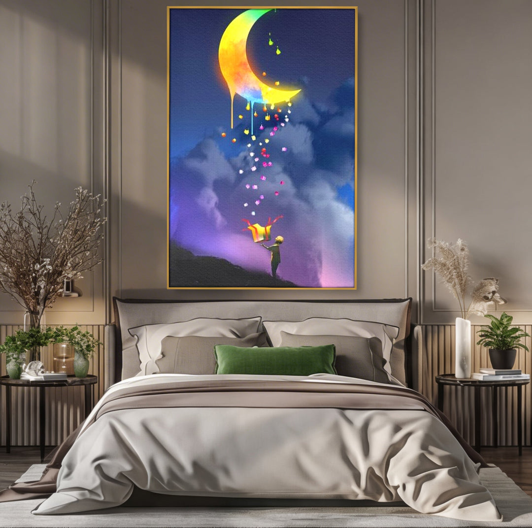 Tablou canvas cu ilustratie cu copil si luna curcubeu, in rama de aluminiu auriu, pe perete intr-un dormitor