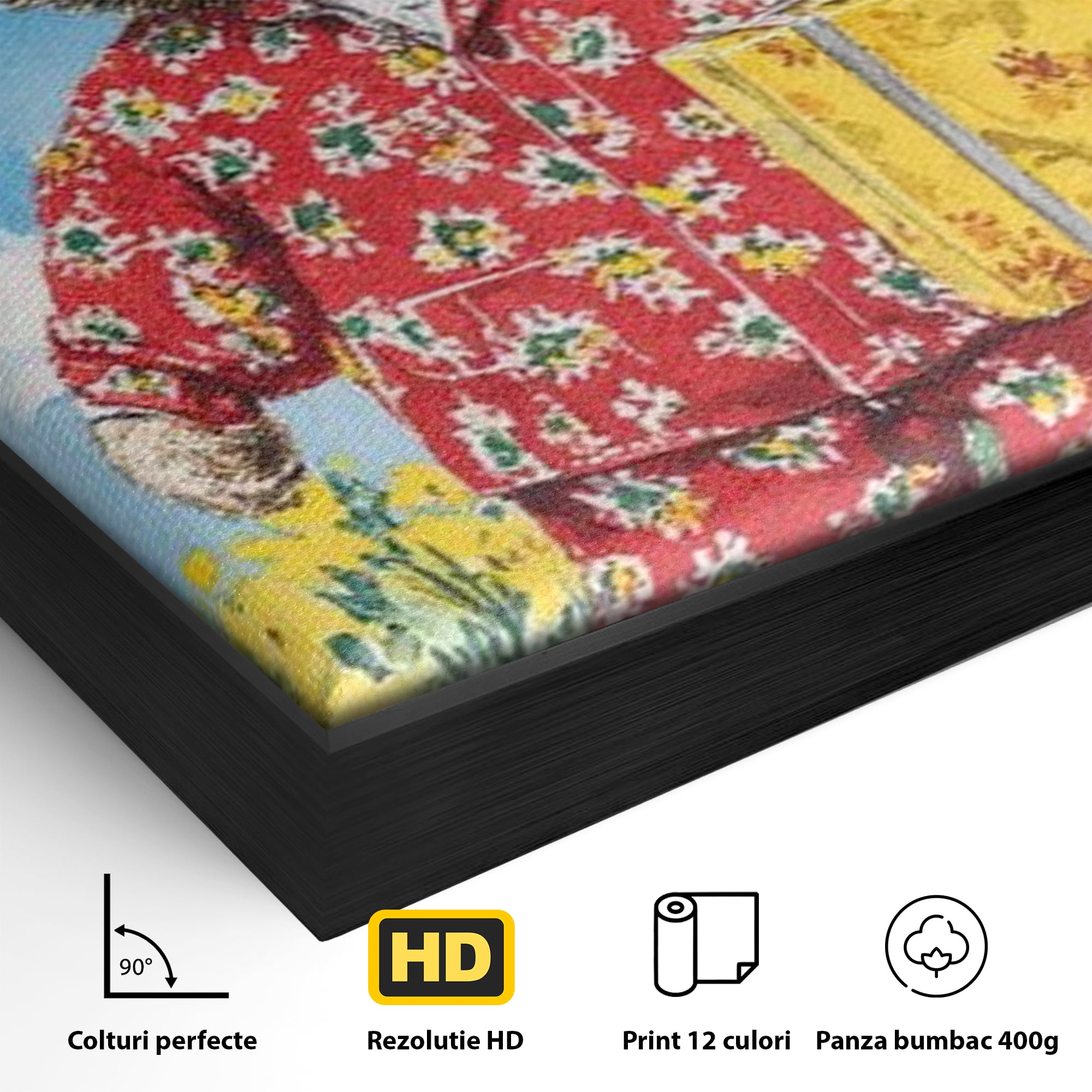 Detaliu al suprafetei: tablou canvas cu ursulet in pijamale, in rama de aluminiu negru